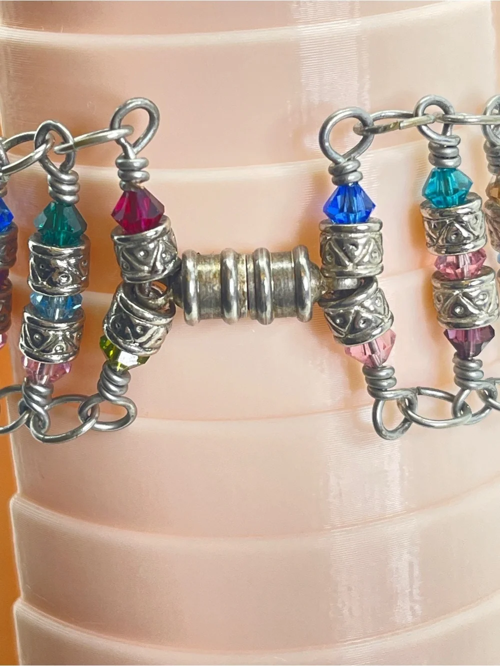 Vintage Multicolor Beaded Chain Bracelet - Silver Tone magnetic closure